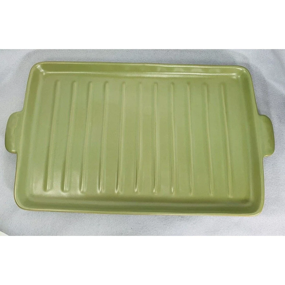 Longaberger Flameware SAGE Grill Pan Pottery Server Cookware 18" x 10" Green - Picture 9 of 14